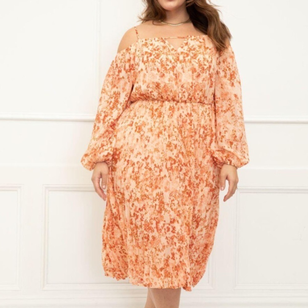 Eloquii Elements 22 Peach Animal Paint Pleated Off The Shoulder Midi Dress NWT